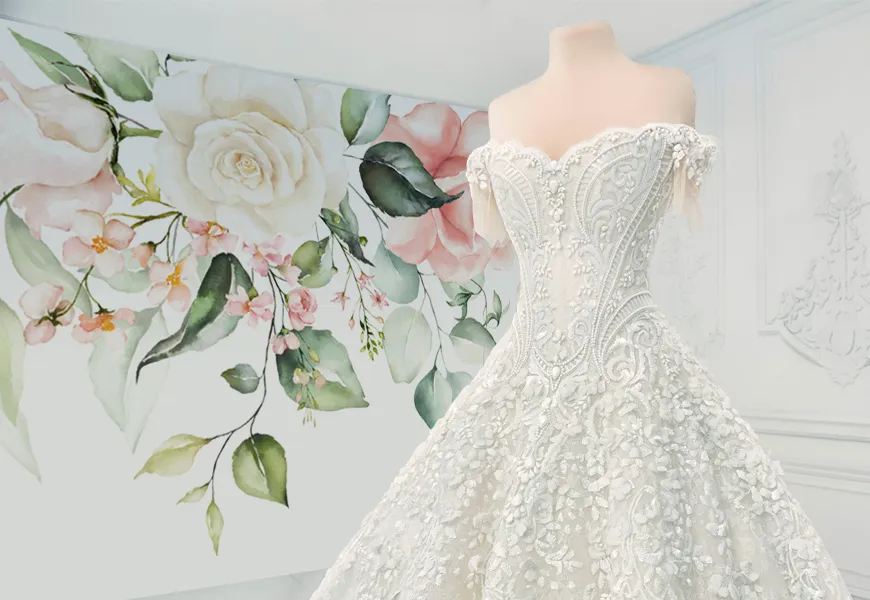 کاغذ دیواری سه بعدی مزون عروس طرح گل رز
